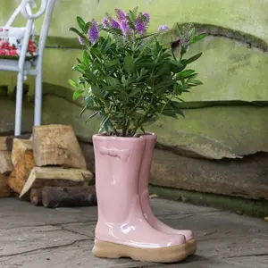 Pink Double Wellington Boots Large Ceramic Indoor Outdoor Flower Pot Garden Planter Pot