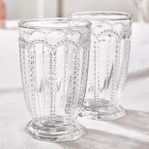 Set of 8 Vintage Luxury Clear Embossed Drinking Tall Tumbler Glasses 340ml