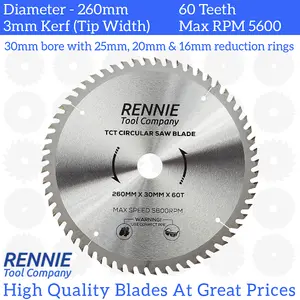 260mm x 60T TCT Circular Wood Saw Blade. Fits Festool Bosch Makita Dewalt Circular Saws Etc