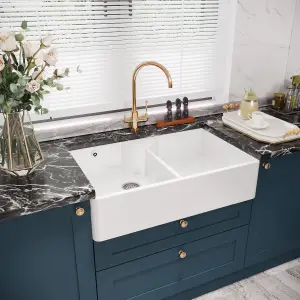 895mm - Two Bowl Fireclay Butler Kitchen Sink -  Stepped Weir, Overflow, ledge & Wastes