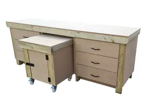 Wooden MDF top workbench with drawers and functional lockable cupboard (V.5) (H-90cm, D-70cm, L-210cm)