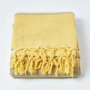 Homescapes Cotton Morocco Striped Yellow Throw, 225 x 255 cm