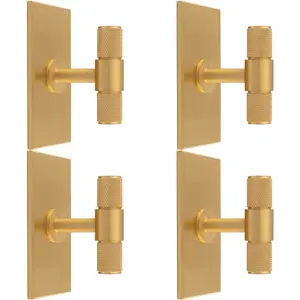 4 PACK - Knurled T Bar Cabinet Door Knob & Matching Backplate - Satin Brass 76 x 40mm