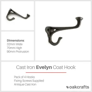 Oakcrafts - Antique Cast Iron EVELYN Hall Stand Hat & Coat Hook 100mm - Pack of 4 Hooks