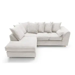 Jumbo White Cord Left Facing Corner Sofa for Living Room with Thick Luxury Deep Filled Cushioning