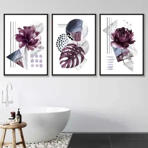 Abstract Purple and Silver Grey Floral Wall Art Prints / 42x59cm (A2) / Black Frame