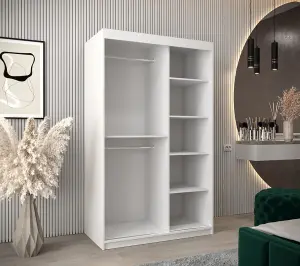 Verona 02 Contemporary 2 Mirrored Sliding Door Wardrobe 5 Shelves 2 Rails White Matt (H)2000mm (W)1200mm (D)620mm