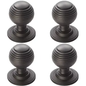 4 PACK - Reeded Ball Door Knob - 28mm Matt Black Lined Cupboard Pull Handle & Rose