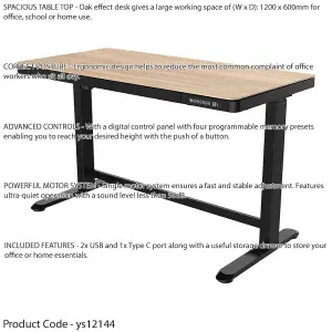 Ergonomic Electric Sit-Stand Desk with USB Ports and Storage Drawer - 1200 x 600mm Black and Oak Finish