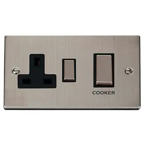 Stainless Steel Cooker Control Ingot 45A With 13A Switched Plug Socket - Black Trim - SE Home