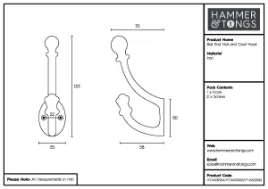 Hammer & Tongs - Ball End Hat & Coat Hook - W35mm x H135mm - Raw