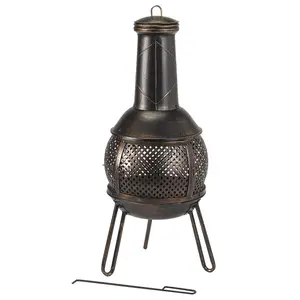 Bronze Effect Baja Chimenea - Metal Hand Painted Outdoor Garden Patio Log Wood Burner Fire Pit Bowl - H90 x 37cm Diameter