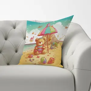 Lucky Teddy Bear On A Beach Holiday Cushions 33cm x 48cm