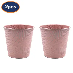 Metal Planters 2pc Pastel Pink 0.6L Embossed Leaf Plant Flower Decor Pots Garden