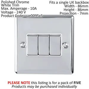 5 PACK 3 Gang Triple Metal Light Switch POLISHED CHROME 2 Way 10A White Trim