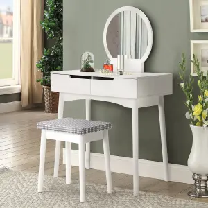 Dressing Table and Chair Set,White Wooden Dressing Table Mirror Desk with Drawer and Dressing Stool