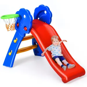 Costway Folding Kids Climber First Slide Indoor Outdoor Toddler Play W/ Basketball Hoop