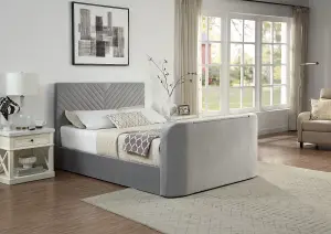 Grey Velvet Criss Cross Ottoman TV Bed With Storage Smart Bed With Remote Control TV Footboard Operation