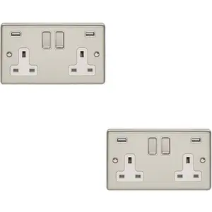 2 PACK 2 Gang Single UK Plug Socket & 2.1A USB SATIN STEEL & White 13A Switched