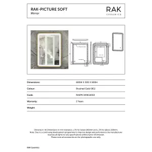 RAK Picture Soft 600x800mm Brushed Gold Square with Touch Sensor Illuminated Mirror IP44