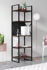 Meta Narrow Bookcase Storage Shelf with Metal Frame, 48 x 35 x 165 cm 5 Display Shelves, Bookshelf, Open Cabinet, Walnut