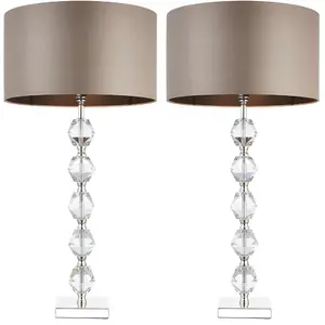 2 PACK Glass Table Lamp Light Silver Crystal & Taupe Shade Square Base Sideboard