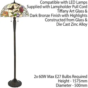 1.6m Tiffany Twin Floor Lamp Dark Bronze & Butterfly Stained Glass Shade i00007