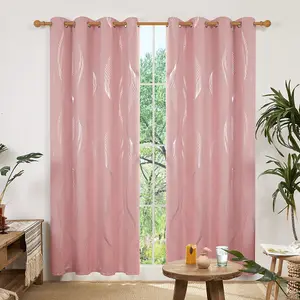 Deconovo Window Curtains Blackout Eyelet Thermal Insulated Silver Wave Line Foil Printed Curtains 55x90 Inch Coral Pink 2 Panels