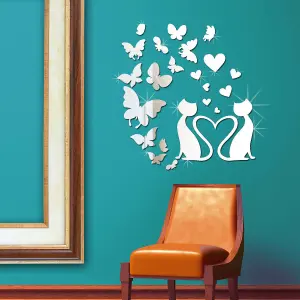 Lovely Cat and Butterflies Mirror Mirror Stickers Nursery Home Decoration Gift Ideas 22 pieces