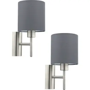 2 PACK Wall Light Colour Satin Nickel Shade Grey Fabric Rocker Switch E27 1x60W