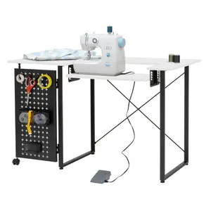 Sewing Online Sewing Table with Fold-out Storage Panel, White/Black Legs