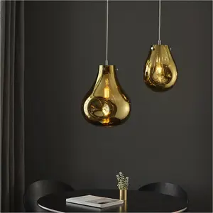 Hanging Ceiling Pendant Light - Large Gold Metallic Glass & Chrome Plate - 10W LED E27