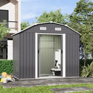 Grey Garden Metal Tool Shed with Lockable and Curved Roof Design