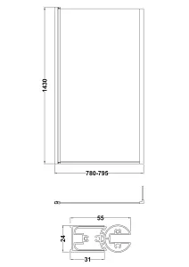 Contemporary 6mm Toughened Safety Glass Square Hinged Bath Screen with Fixed Return - 1430 x 795 x 24mm - Brushed Brass