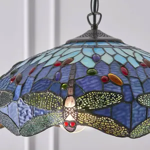 Tiffany Glass Hanging Ceiling Pendant Light Blue Dragonfly 3 Lamp Shade i00109