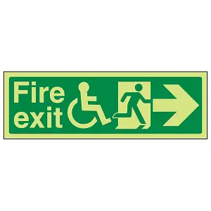 Wheel Chair Fire Exit Arrow RIGHT Text Sign - Glow in Dark - 300x100mm (x3)