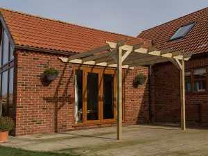 Lean to wooden garden pergola kit - Sculpted design wall mounted gazebo, 3m x 3.6m (Natural finish)