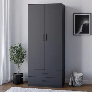 URBNLIVING 180cm Tall Wooden 2 Door Wardrobe Black Carcass and Black Drawers With 2 Drawers Bedroom Storage Hanging Bar Clothes