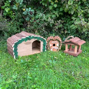 Wooden Hedgehog House with Bird House & Hanging Feeder