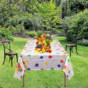 White Plastic Tablecloth, Multicolour Polka Dot Printed Waterproof Table Cover - 54"x108"