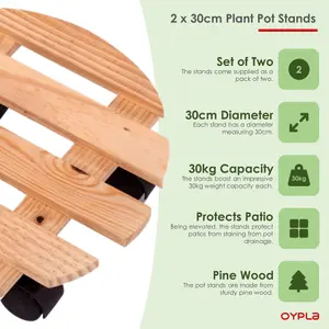 Oypla Set of 2 30cm Wooden Plant Flower Pot Mobile Mover Trolley Stands