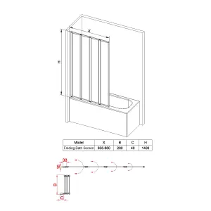 Rinse 850x1400mm Bathroom 4 Folding Panel Bath Shower Screen 4mm Self Clear Glass Pivot Door Reversible Black