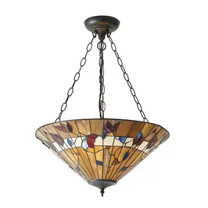 Large Tiffany Glass Pendant Ceiling Light - Dark Bronze Finish - 3 x 60W E27 GLS Needed