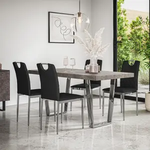 Aria Dining Table And Chairs - Concrete Effect Table Top w Chrome Legs + 4 Monza Faux Leather Dining Chairs w Chrome Legs (Black)