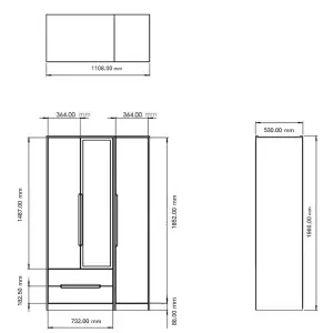 Milan Ready assembled Modern White 2 Drawer Tall Triple Wardrobe With 1 mirror door (H)1970mm (W)1110mm (D)530mm