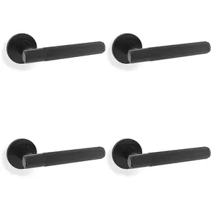 4 PACK - SOLID BRASS Reeded Door Handle Set - Matt Black Straight Lever on Round Rose