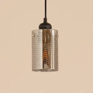 ValueLights Elsie Smoked Glass Patterned Ceiling Small Cylinder Lamp Shade with LED Bulb