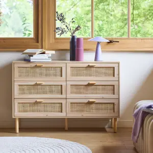 sweeek. 6-drawer chest with cane and wooden effect Camargue Natural 120x40x80 cm