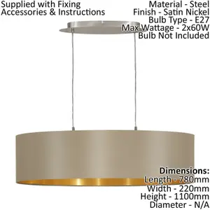 Pendant Ceiling Light Colour Satin Nickel Shade Taupe Gold Fabric Bulb E27 2x60W