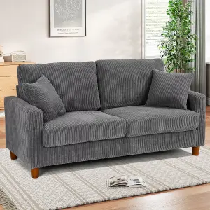 178cm Grey Corduroy Couch, 3 Seater Sofa with Wood Legs, Deep Seat Sofa